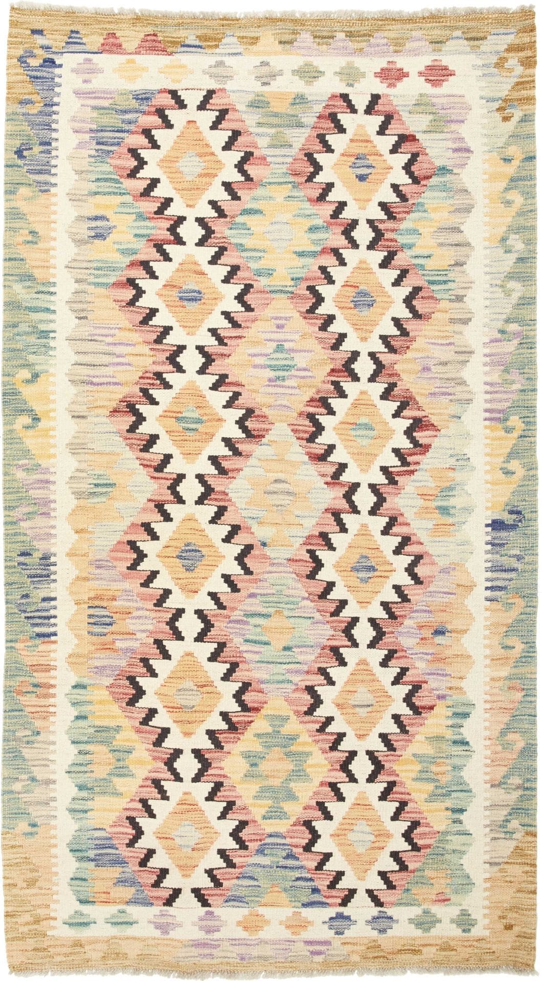 Kelim Teppich 107 x 187 cm aus Schurwolle, handgewebt, rustikal