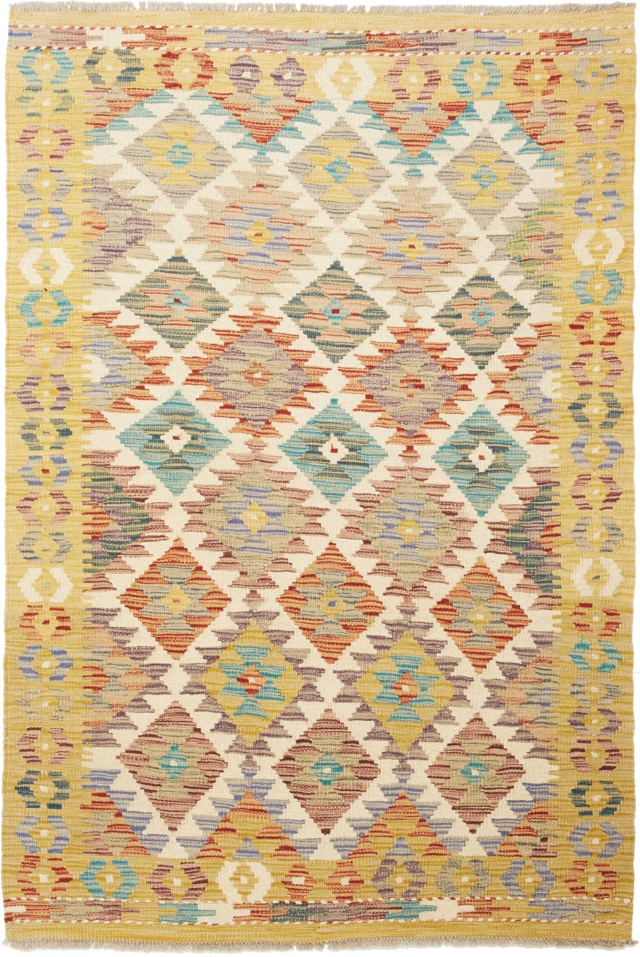 Kelim Teppich 108 x 152 cm aus Schurwolle, handgewebt, rustikal