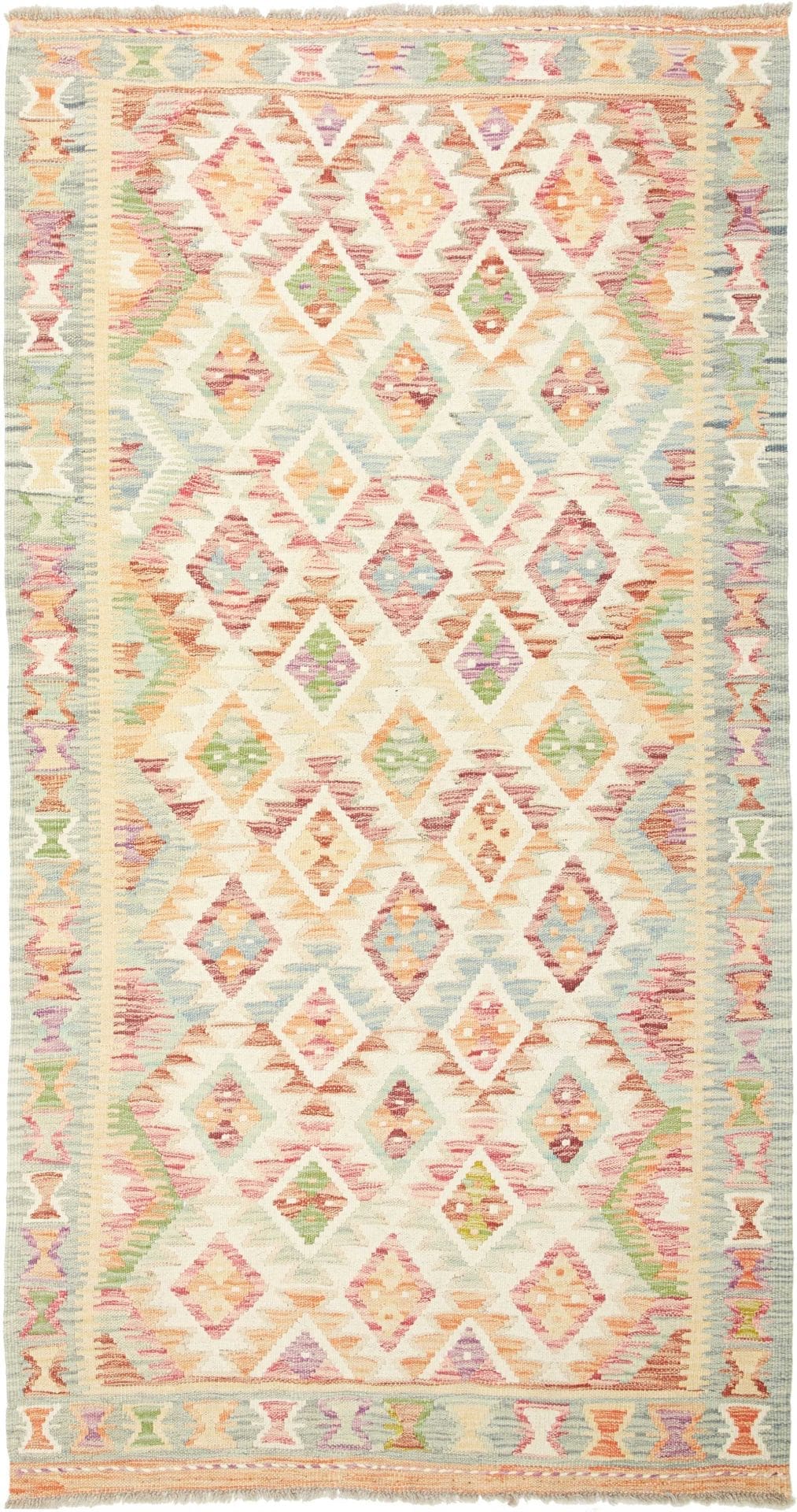 Kelim Teppich 109 x 199 cm aus Schurwolle, handgewebt, rustikal