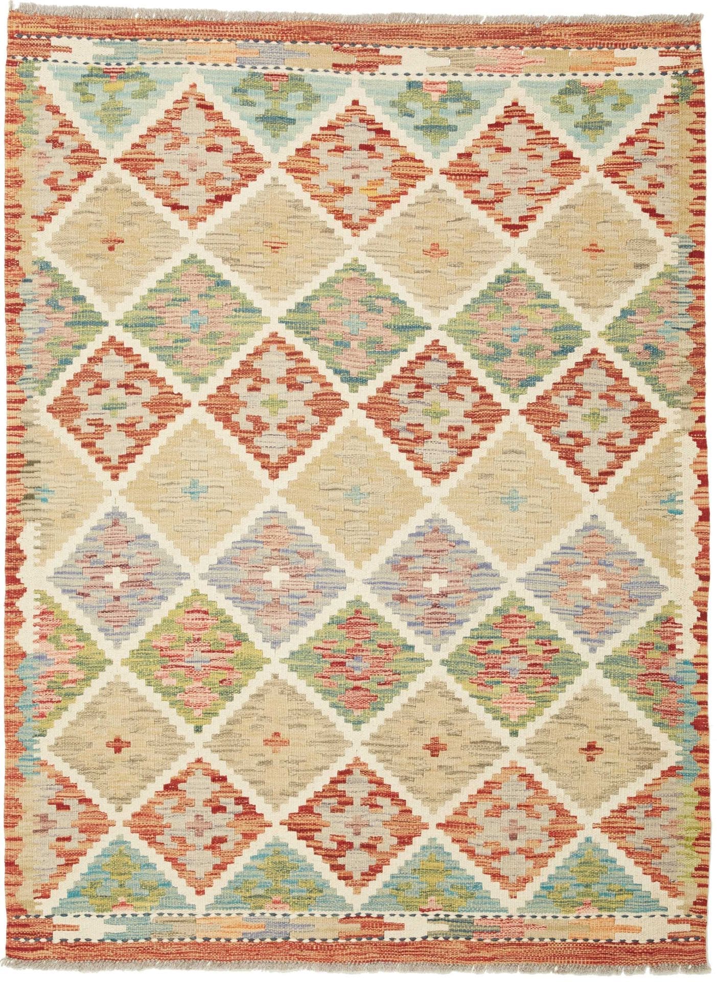 Kelim Teppich 112 x 139 cm, handgewebt, rustikales Design, Wolle