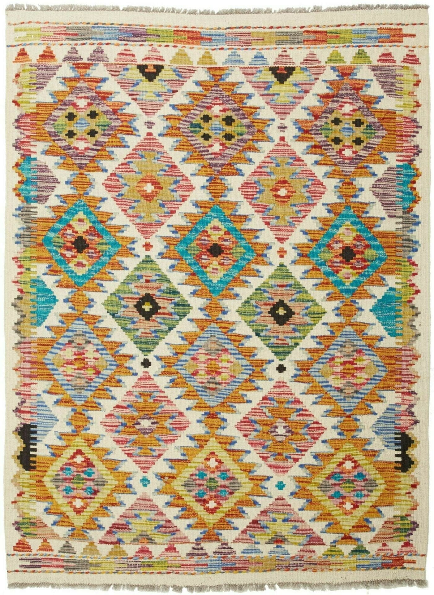 Kelim Teppich 112 x 147cm, handgewebt, rustikales Design aus Wolle