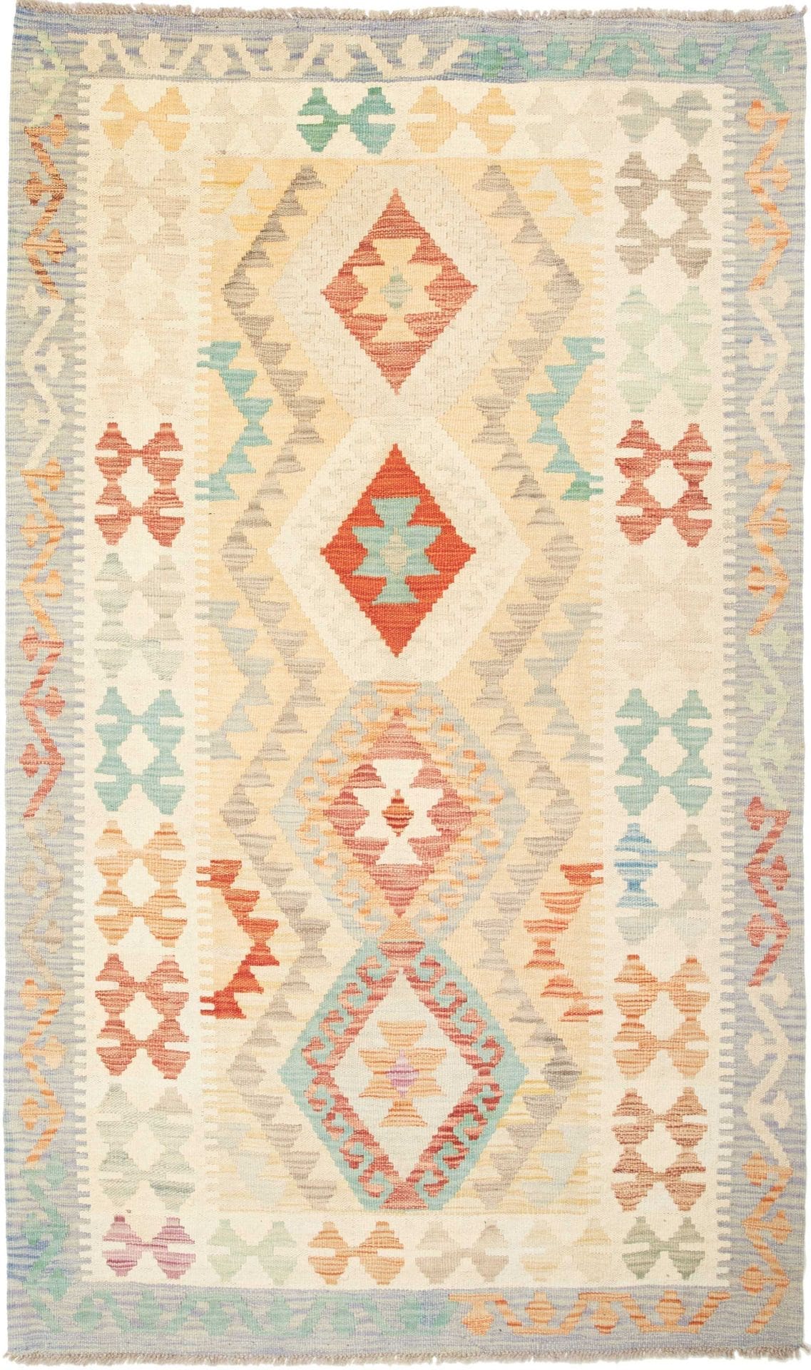 Kelim Teppich 115 x 189 cm aus Schurwolle, handgewebt, rustikal