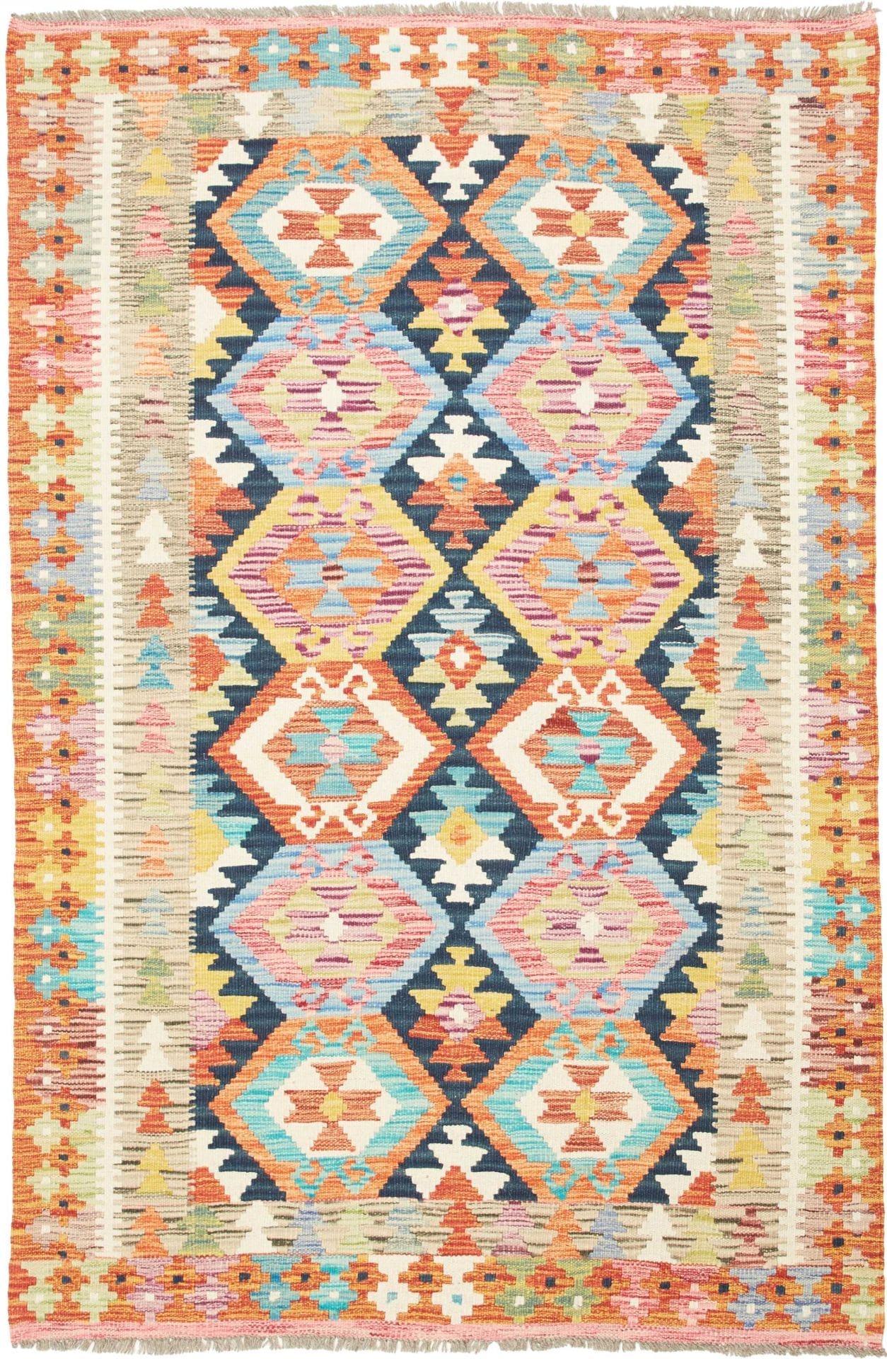 Kelim Teppich 123 x 186cm, handgewebt, rustikales Flair, Wolle