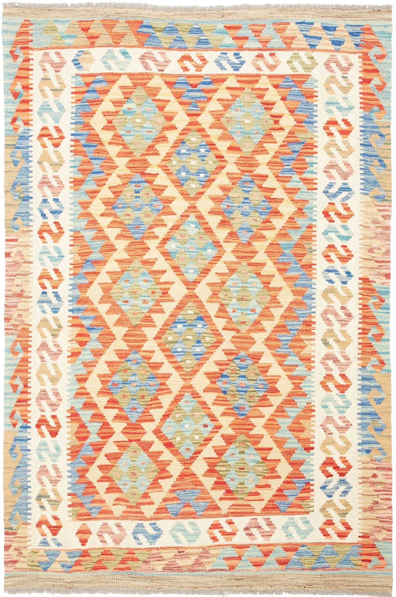 Kelim Teppich 127x182cm aus Schurwolle, handgewebt, rustikal