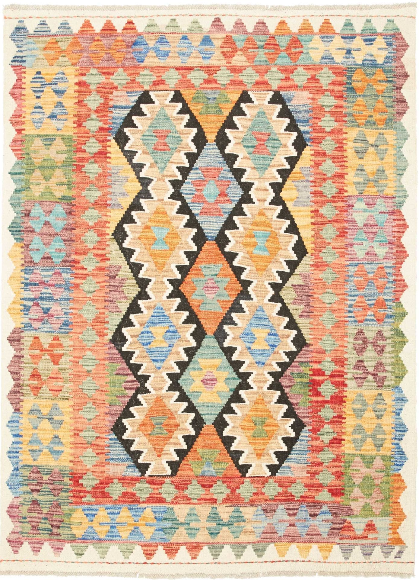 Kelim Teppich 132 x 176 cm, Schurwolle, bunt, handgewebt