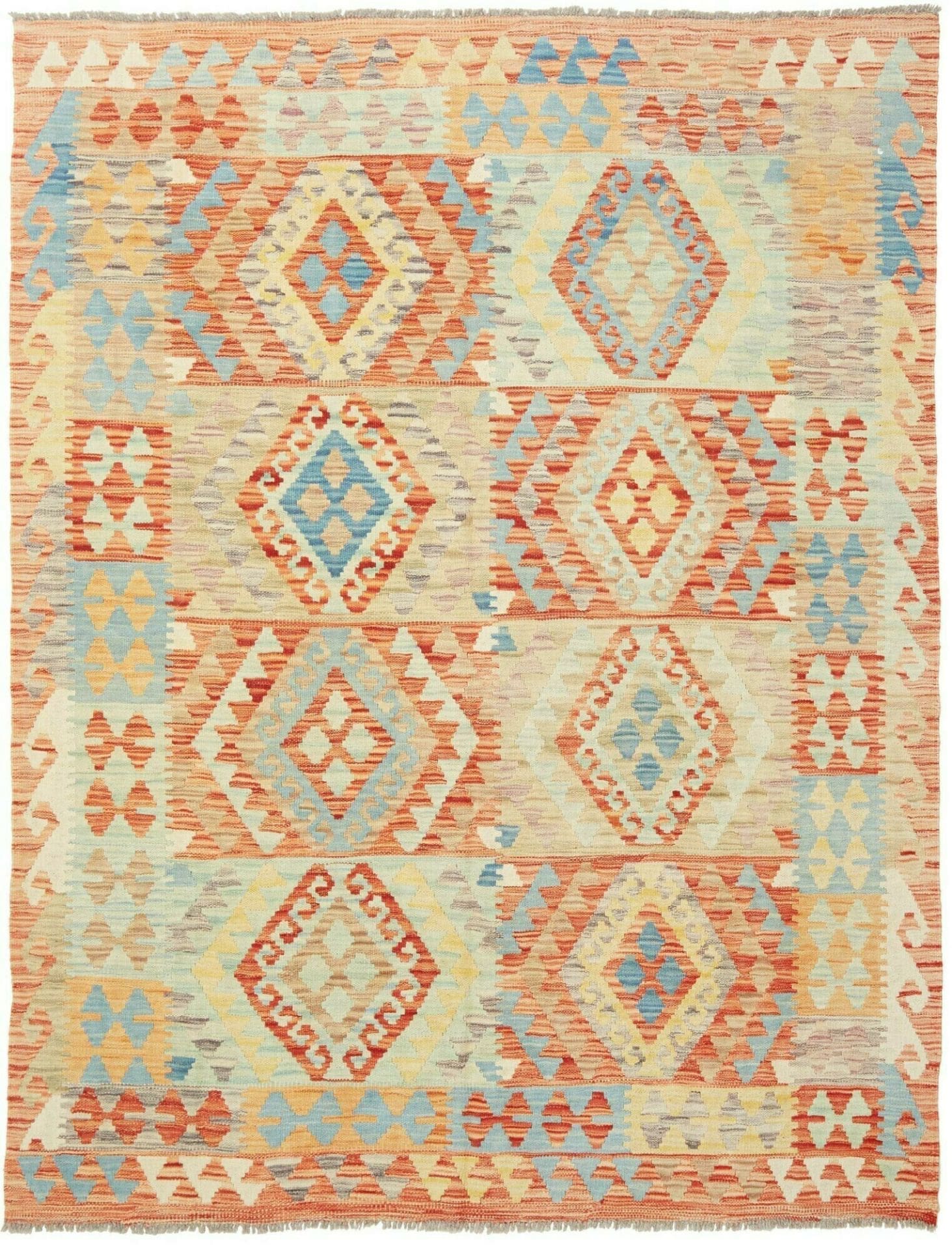 Kelim Teppich 152 x 196cm, handgewebt, rustikales Design, Wolle