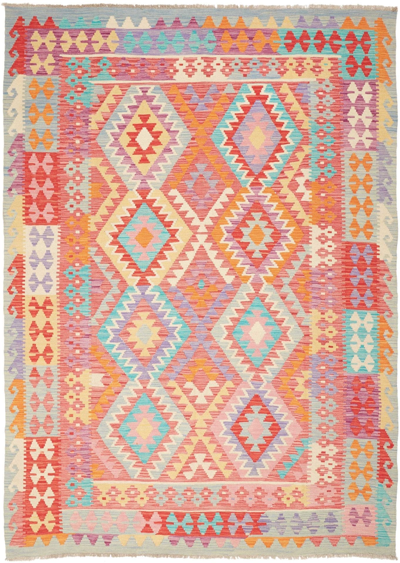 Kelim Teppich 176 x 238 cm, bunten Mustern, handgewebt