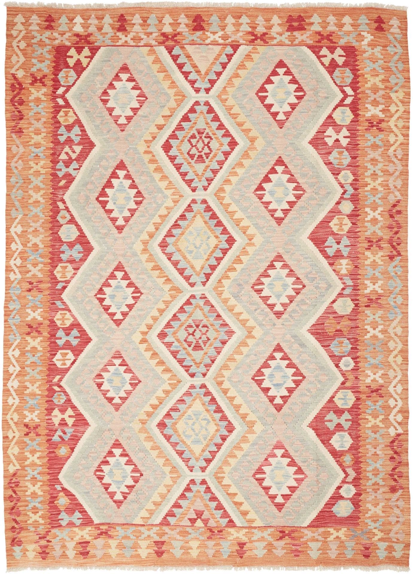 Kelim Teppich 177 x 241cm, handgewebt, rustikales Design, Wolle