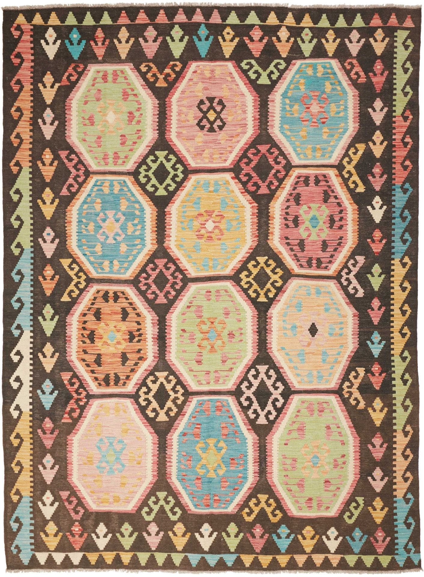 Kelim Teppich 178 x 239cm, handgewebt, rustikales Design, Wolle