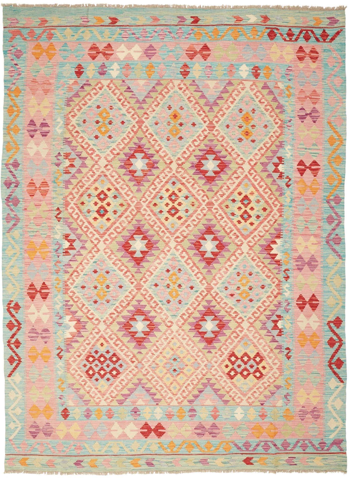 Kelim Teppich 183 x 241cm, handgewebt, rustikales Design, Wolle