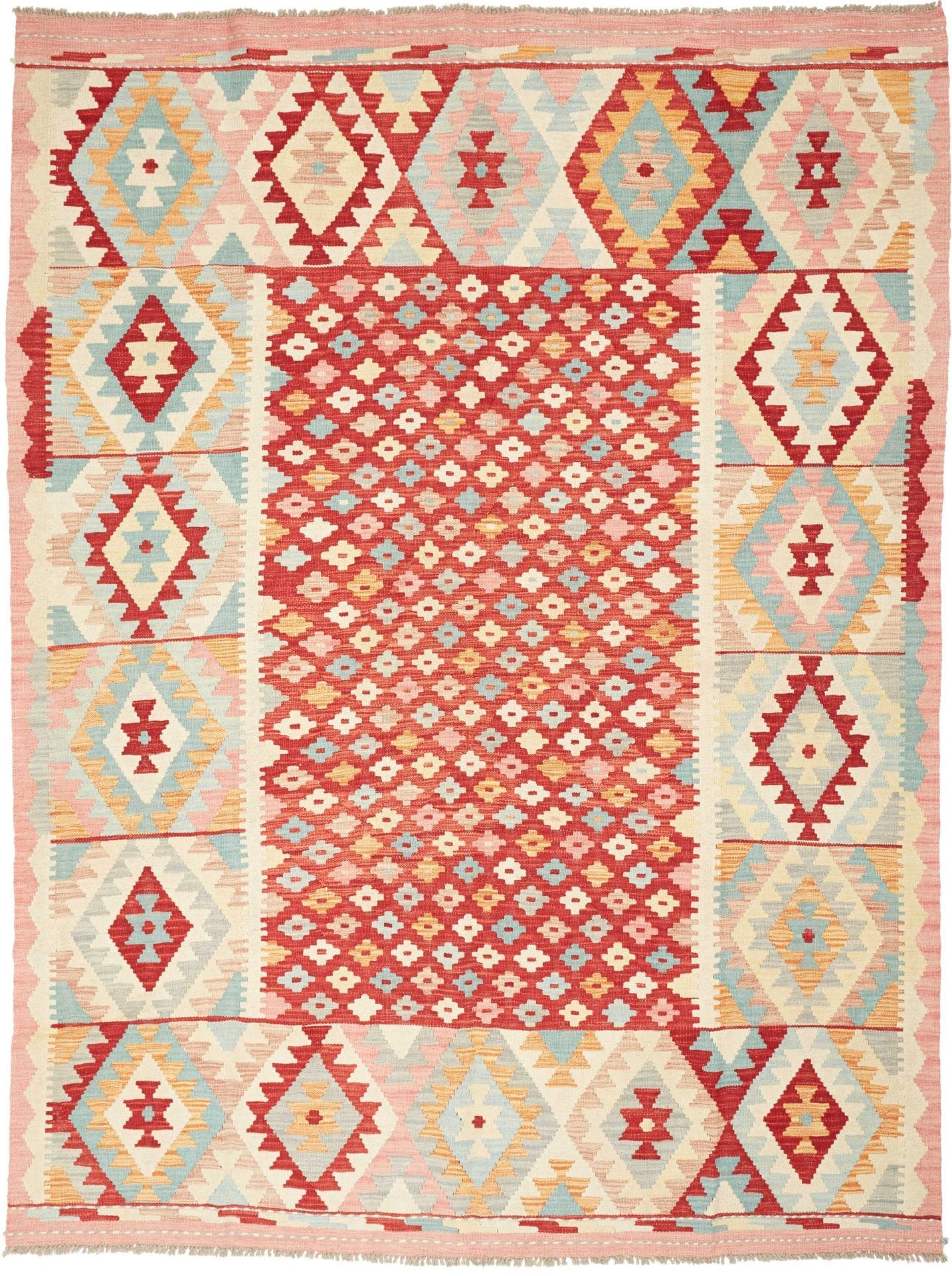 Kelim Teppich 183 x 244cm, handgewebt, rustikales Design aus Wolle