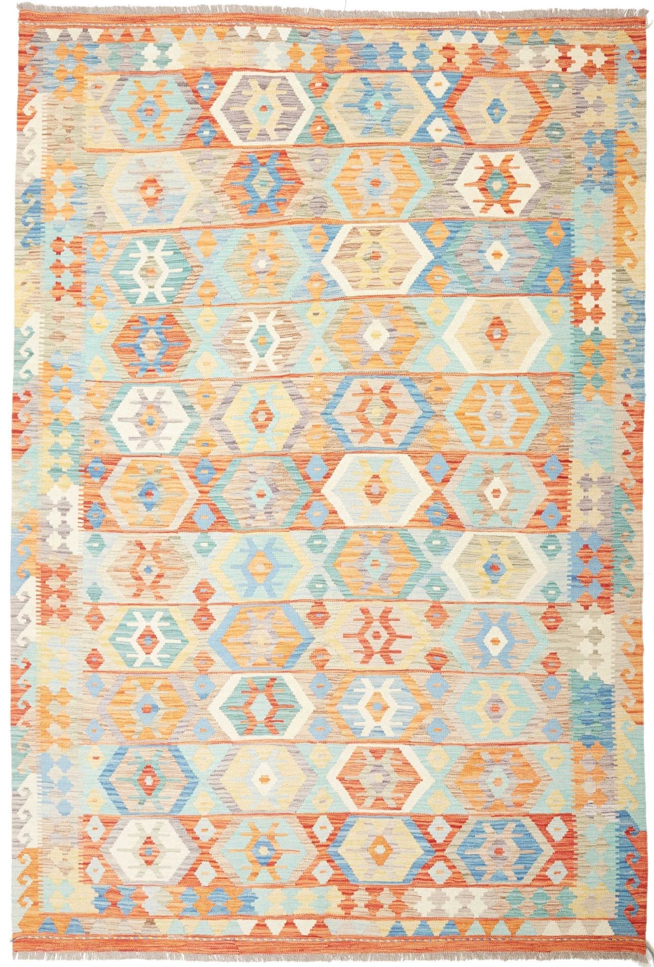 Kelim Teppich 202 x 296 cm, handgewebt, afghanisches Design, Wolle