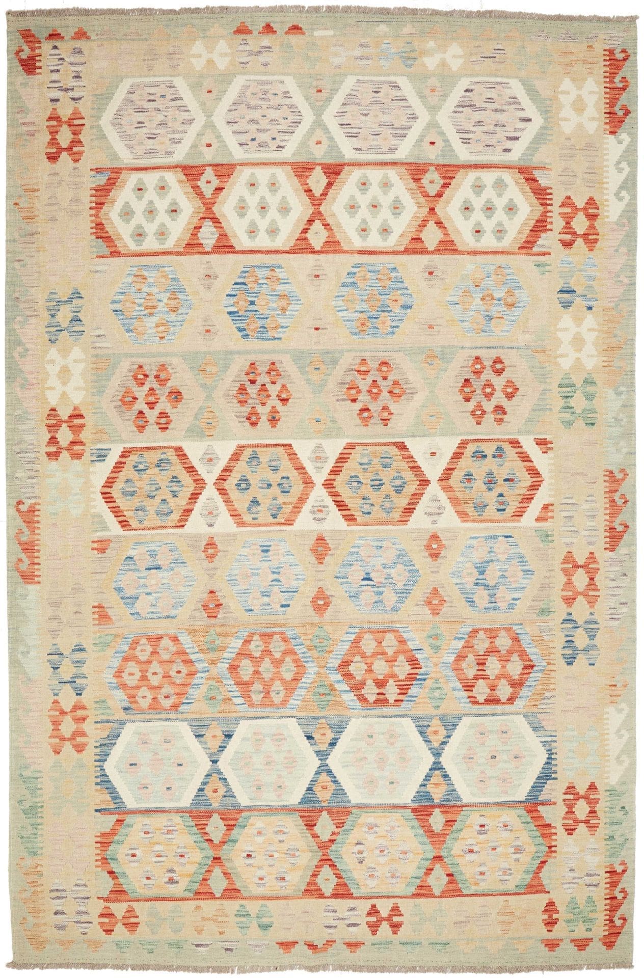 Kelim Teppich 203 x 300cm, handgewebt, rustikales Design, Wolle