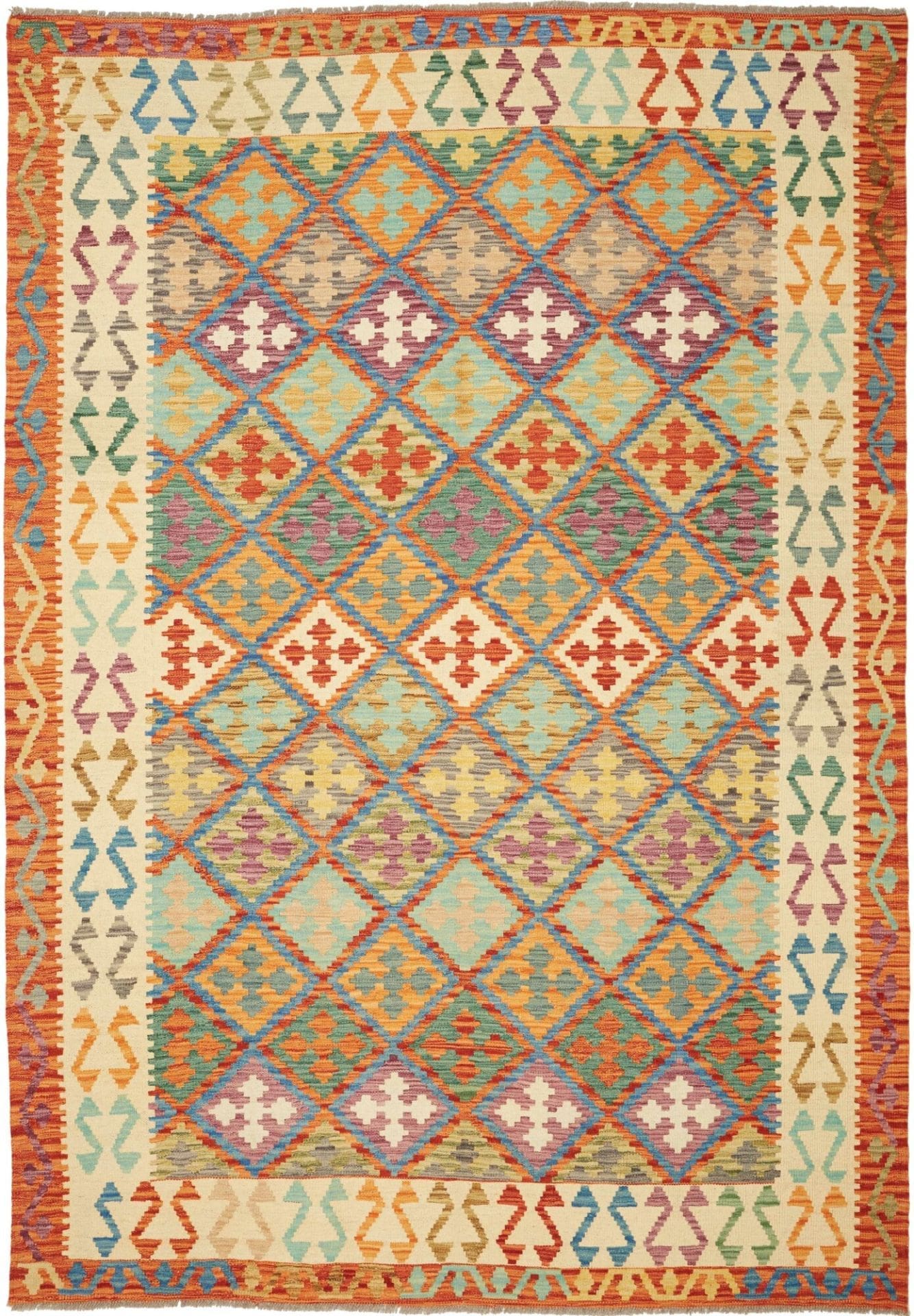 Kelim Teppich 204x291cm, Schurwolle, handgewebt, rustikal, warm