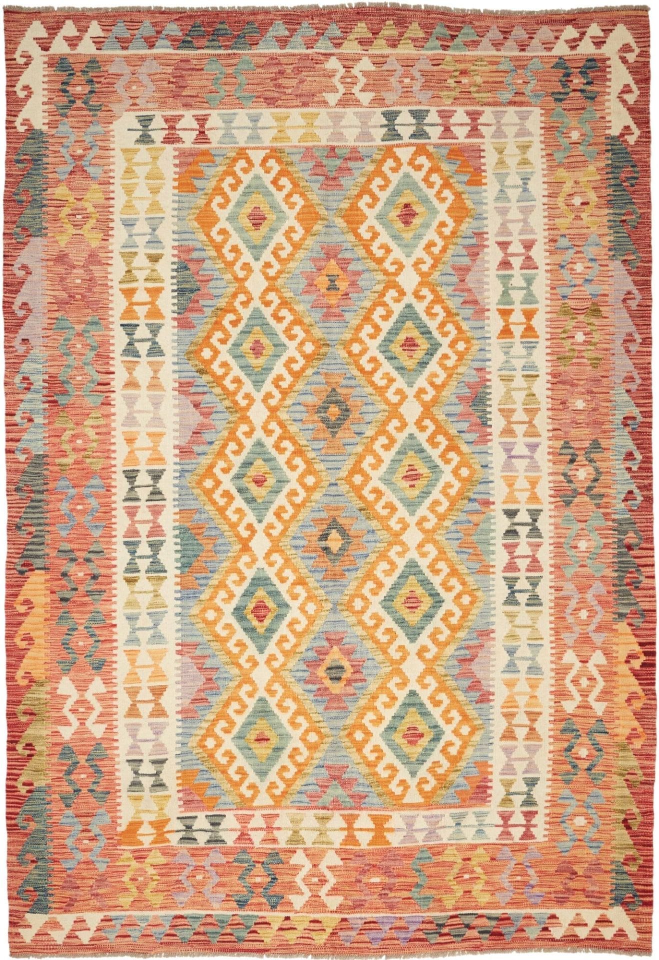 Kelim Teppich 206 x 299cm, handgewebt, rustikales Flair, Wolle