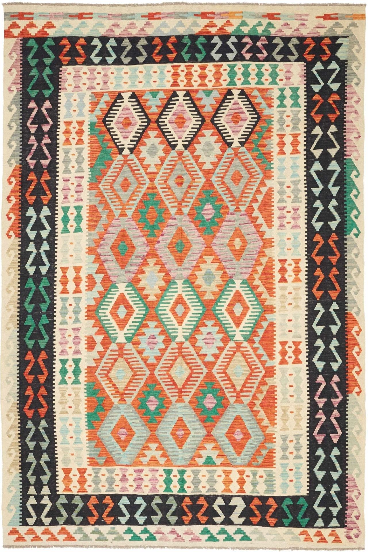 Kelim Teppich 207 x 304 cm, handgewebt, rustikales Design, Wolle