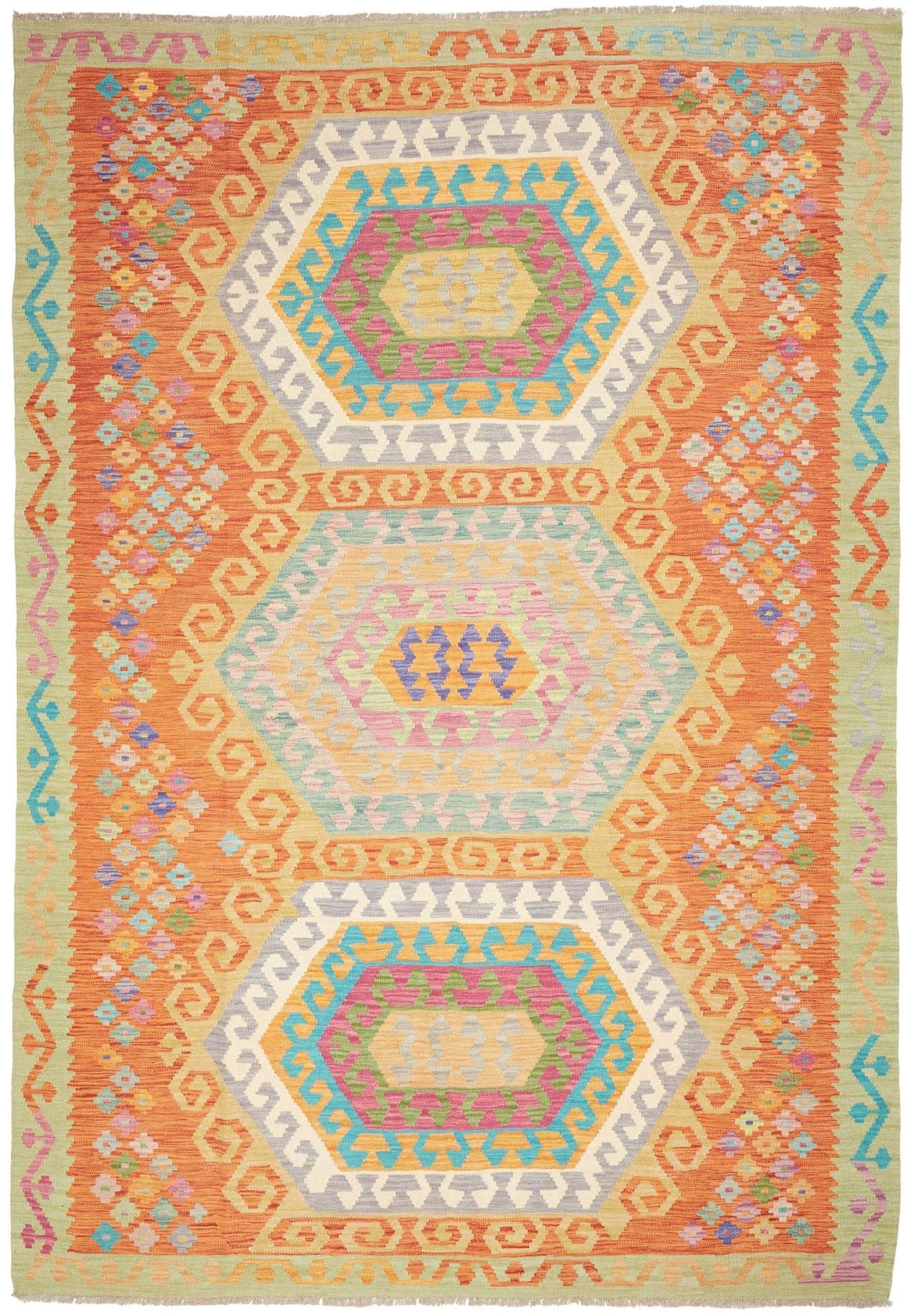 Kelim Teppich 208 x 295cm - Handgewebt, rustikales Design, Wolle