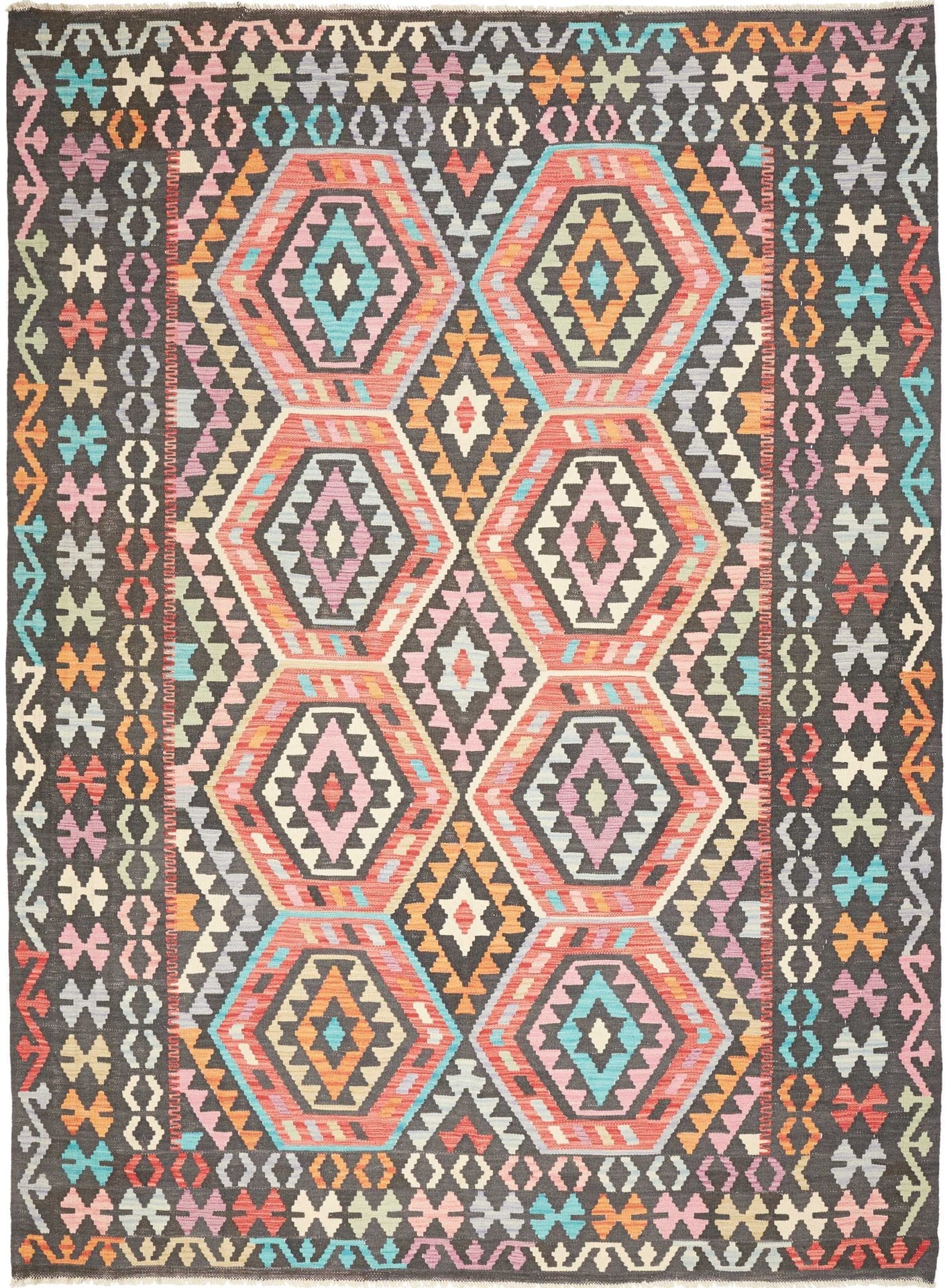 **Kelim Teppich 209 x 278 cm - Handgewebt aus Schurwolle, rustikales Flair**