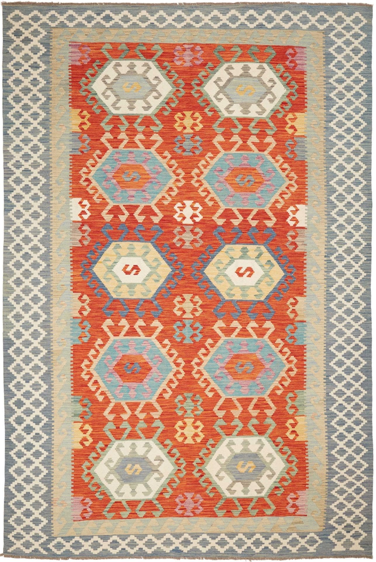 Kelim Teppich 209 x 308cm, handgewebt, rustikales Flair, Wolle