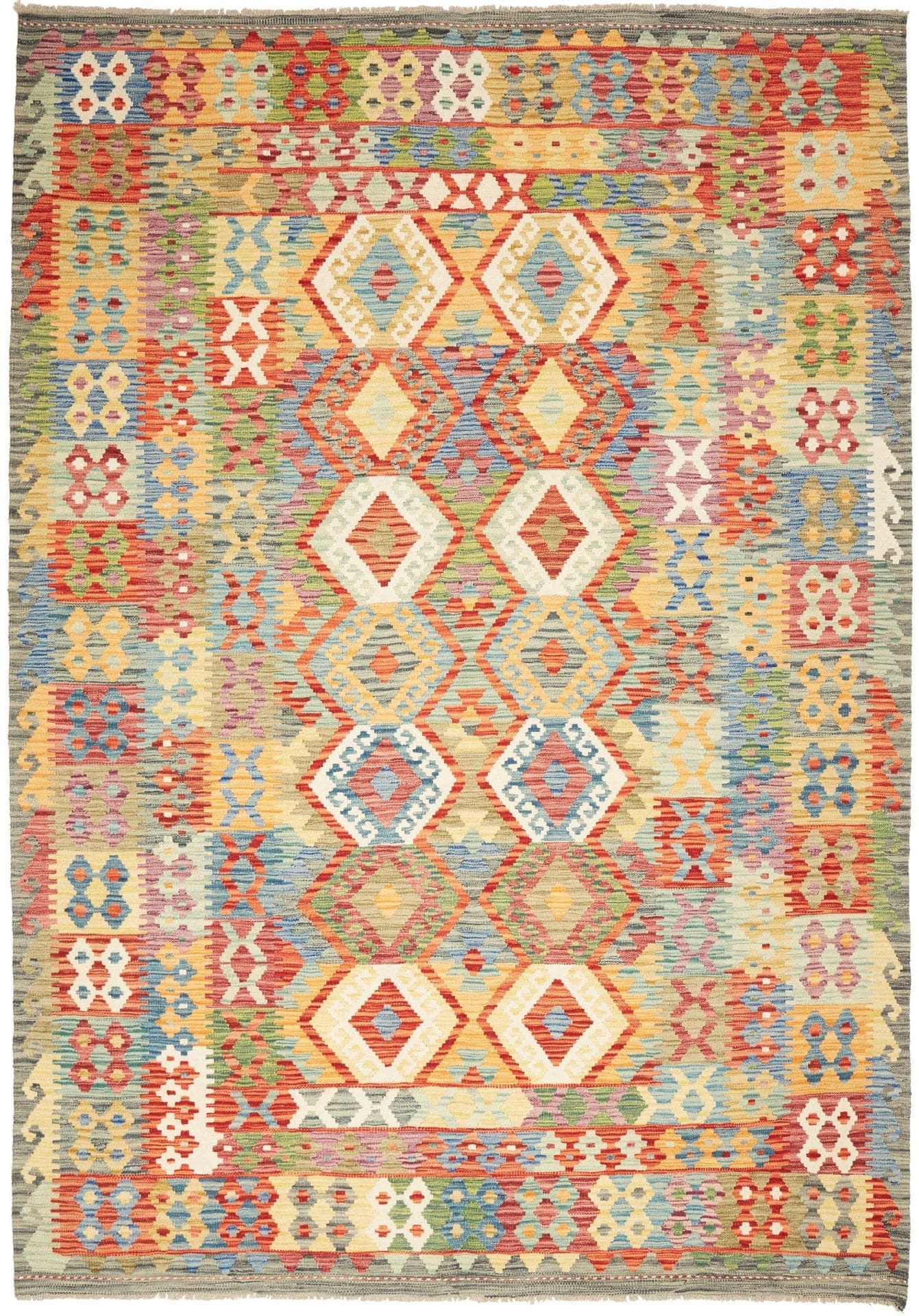 Kelim Teppich 210 x 293 cm, handgewebt, rustikales Flair, Wolle