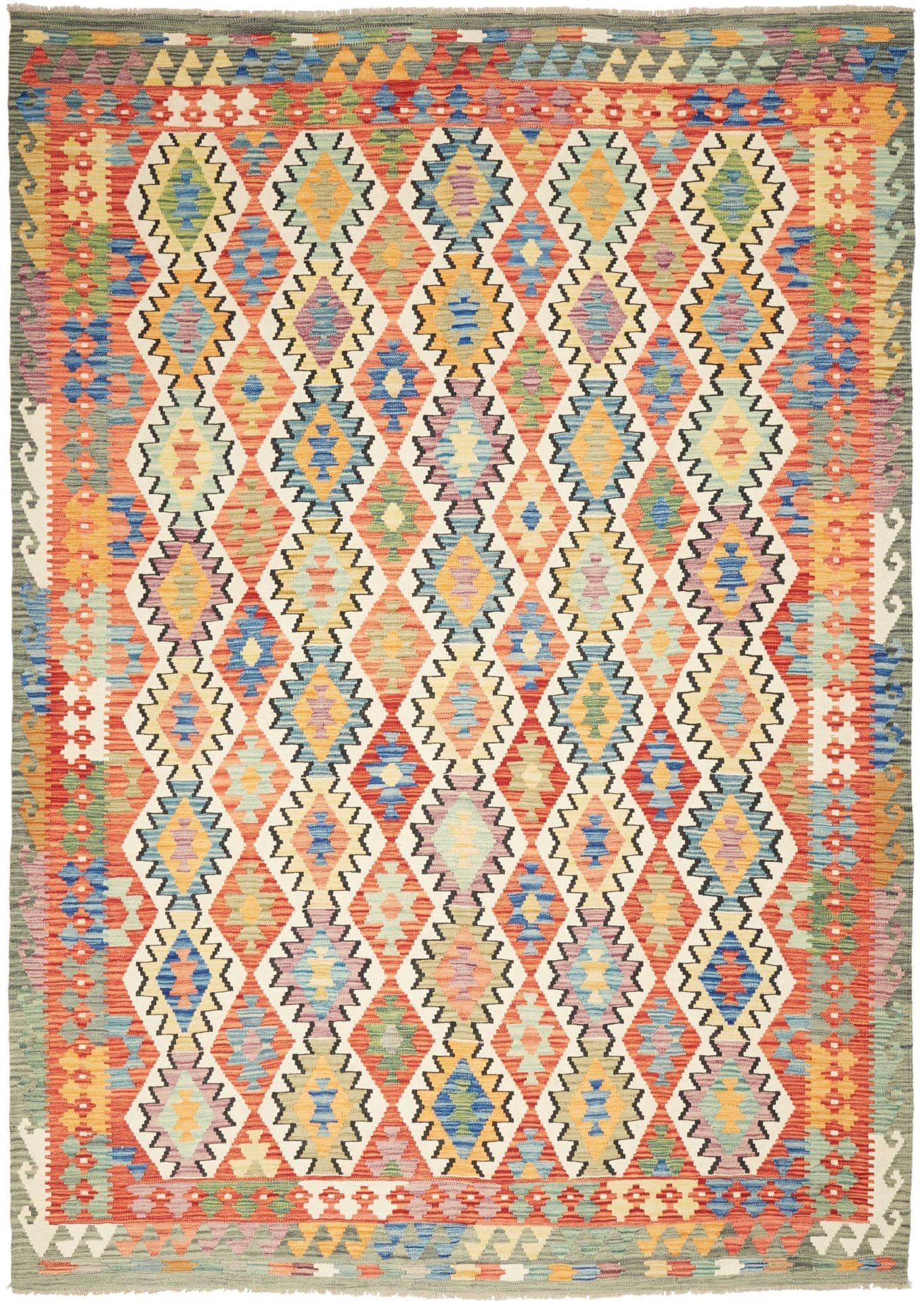 Kelim Teppich 212 x 294cm, handgewebt, rustikales Flair, Wolle