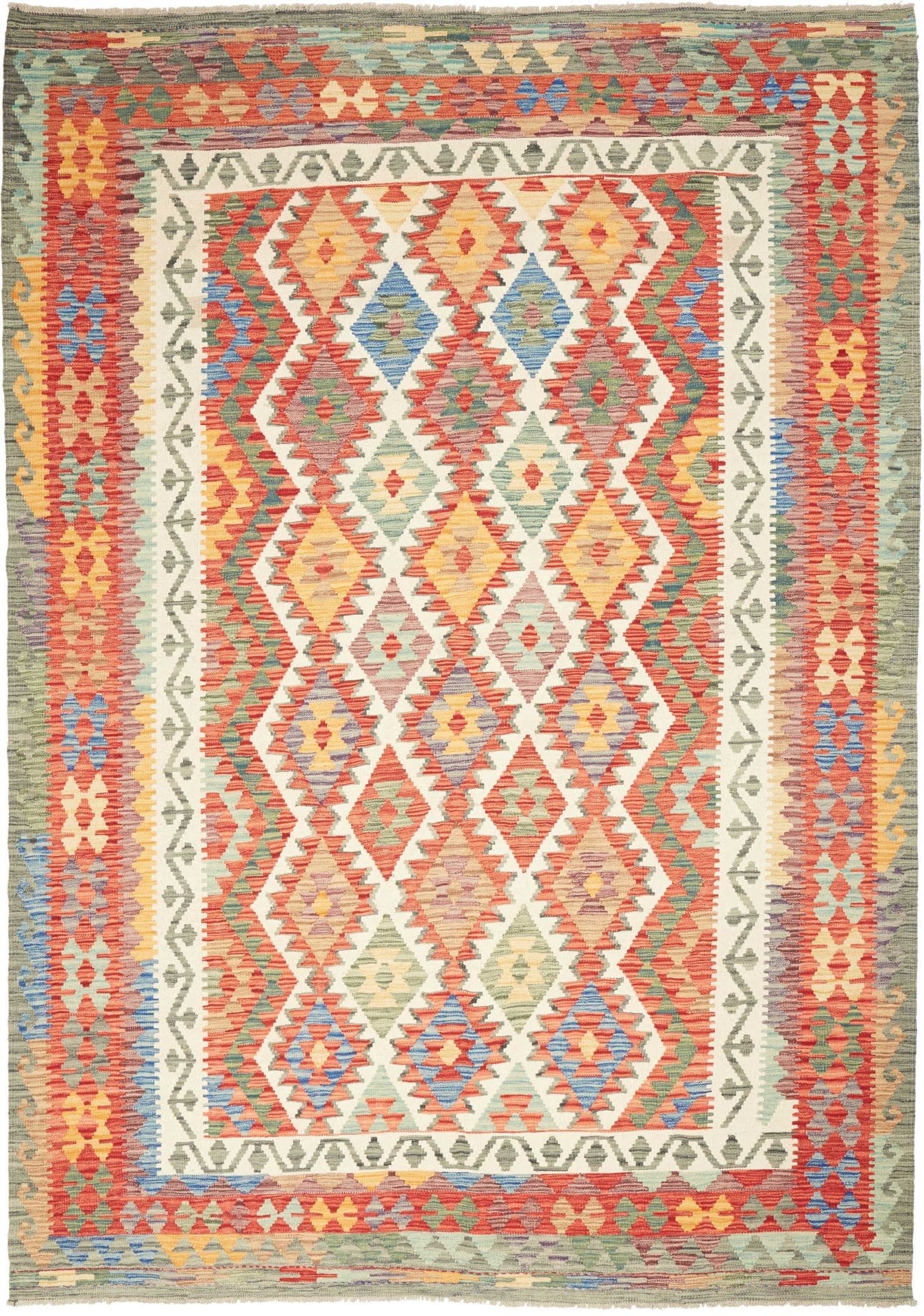 Kelim Teppich 213 x 294 cm, Schurwolle, handgewebt, rustikal