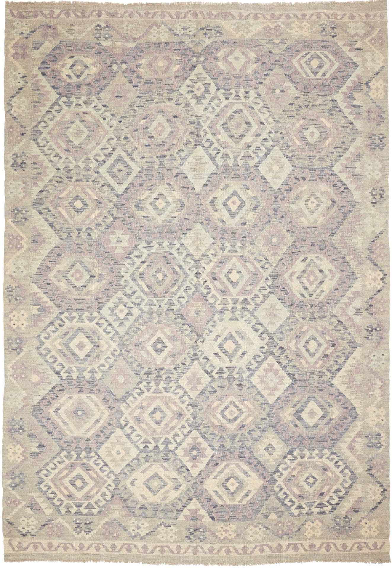 Kelim Teppich 216 x 303cm, Wolle, handgewebt, rustikales Design