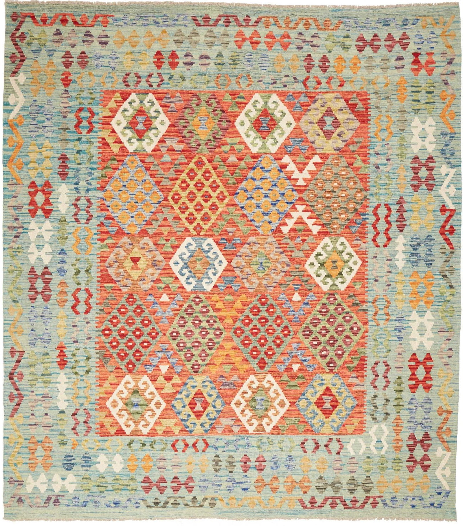 Kelim Teppich 224 x 245 cm handgewebt, rustikales Flair, Schurwolle