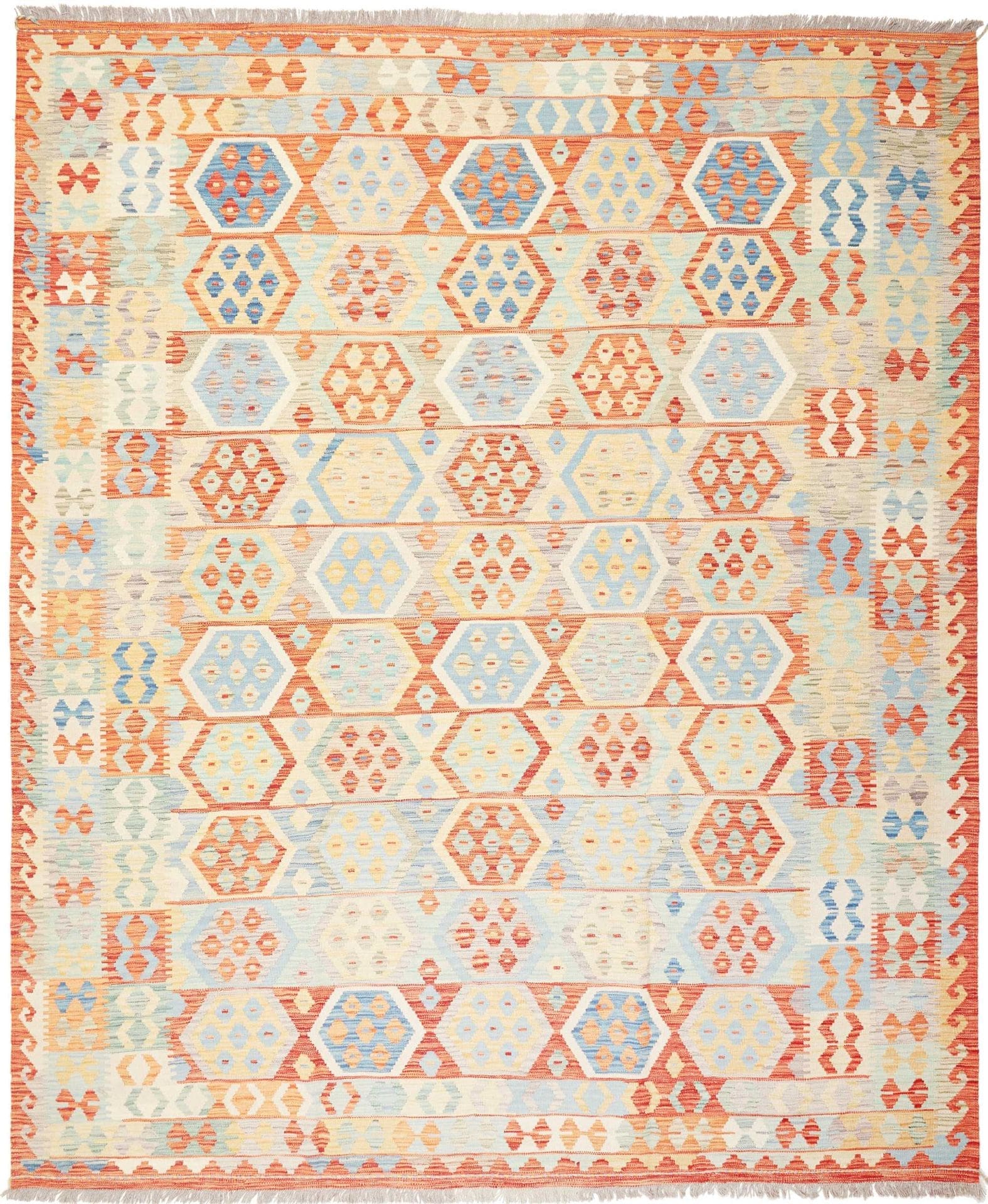 (Verkauft) Kelim Teppich 251 x 298cm, geometrisches Muster, handgewebt