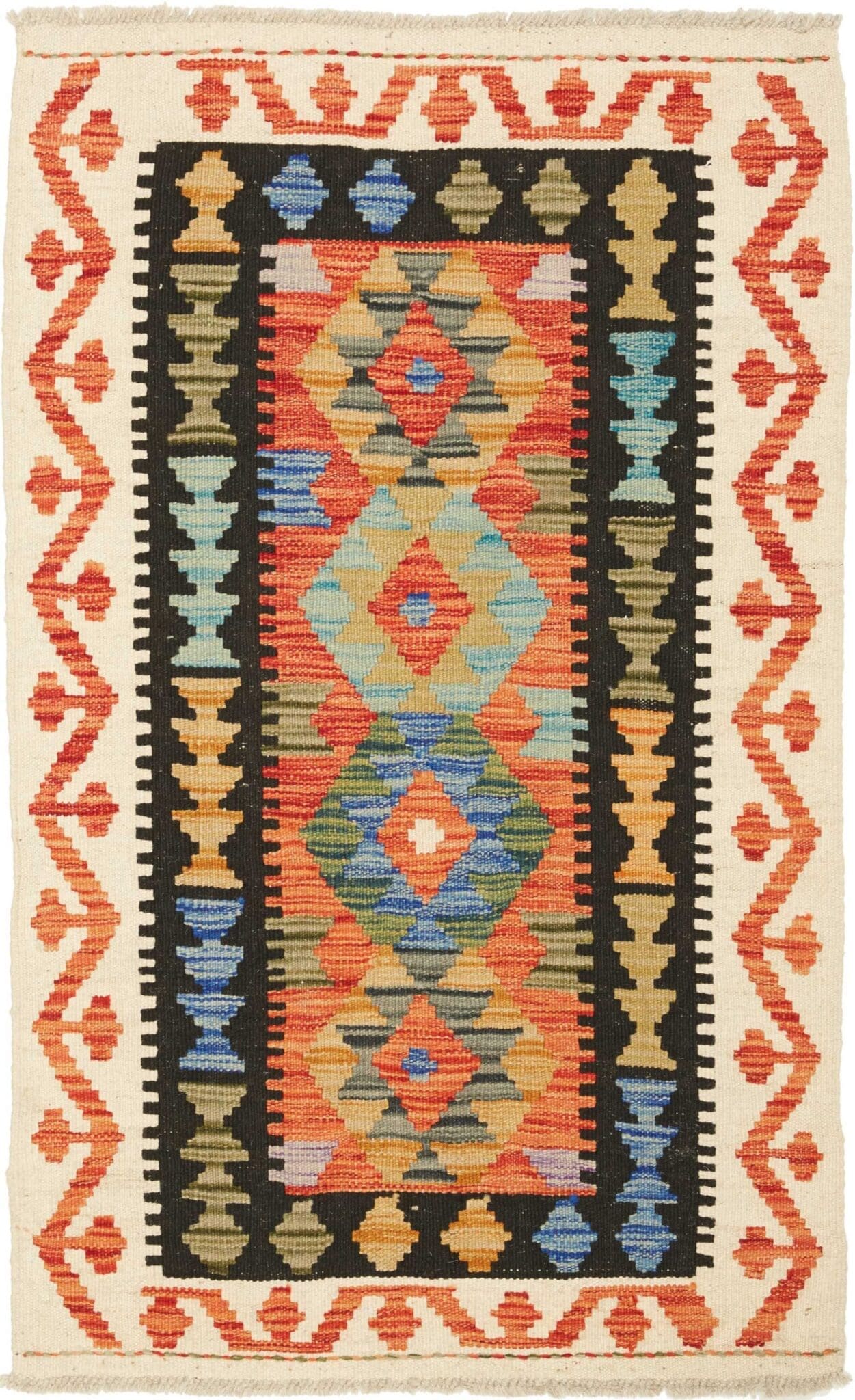 Kelim Teppich 75 x 117cm, Handgewebt, Schurwolle, Rustikal