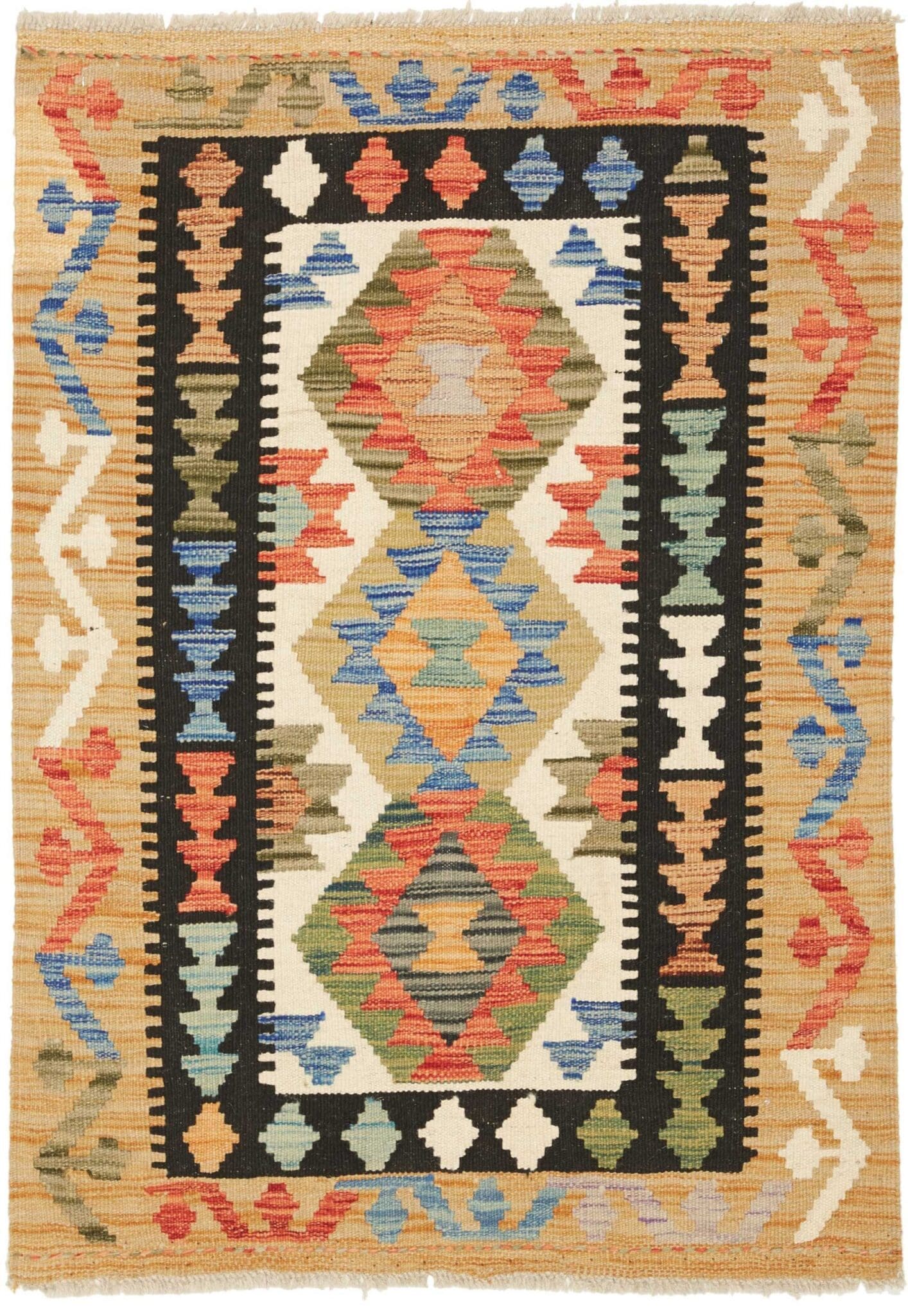 Kelim Teppich 86 x 117cm, handgewebt, rustikales Flair, Wolle