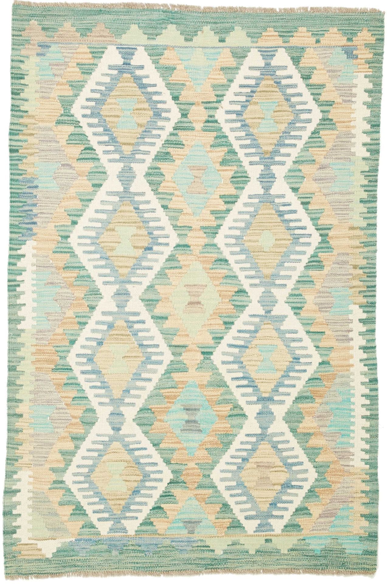 Kelim Teppich 99 x 146cm aus Schurwolle, handgewebt, rustikales Flair