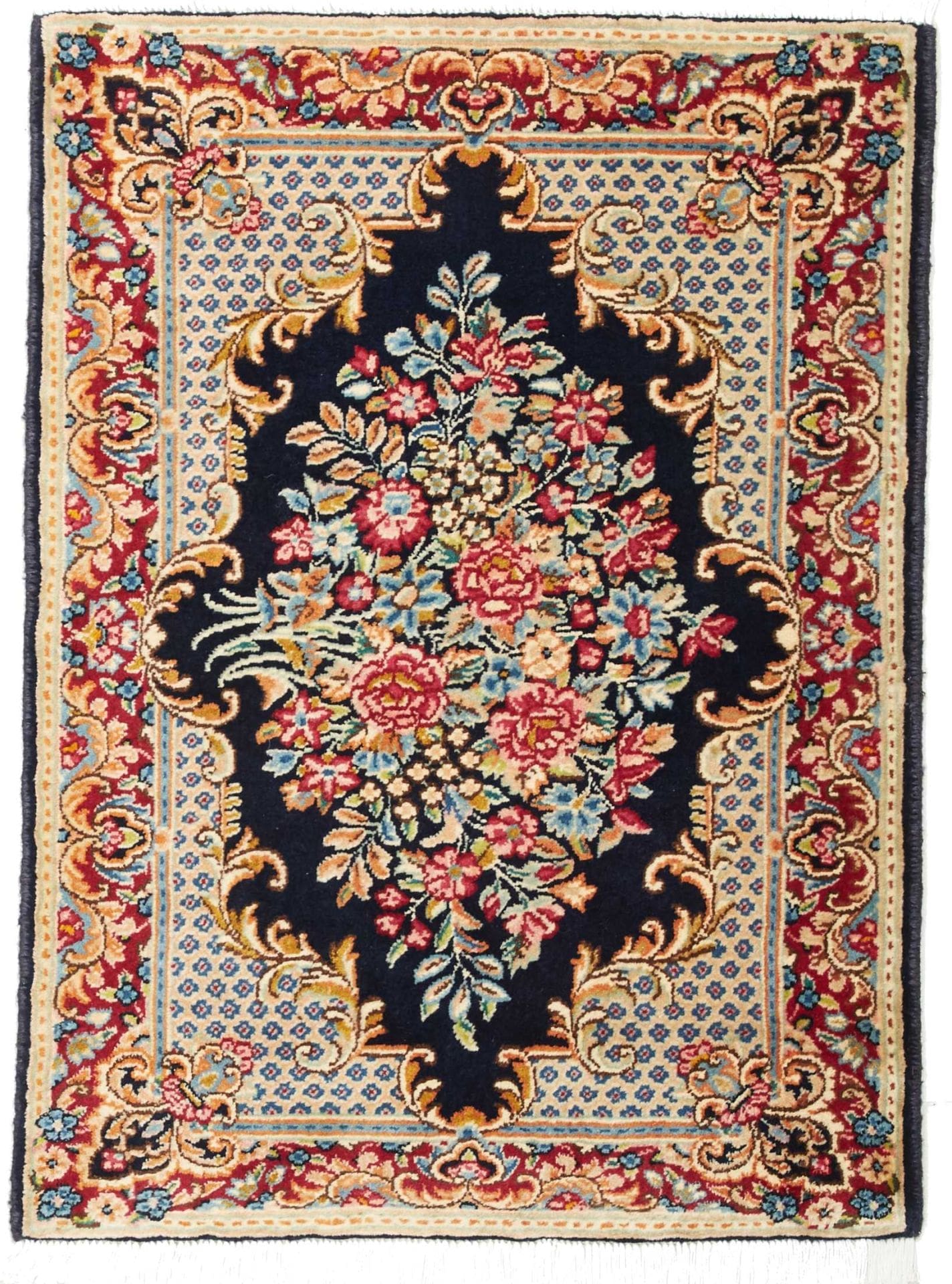 Kirman Teppich 68 x 90 cm, handgeknüpft, florales Design, Schurwolle