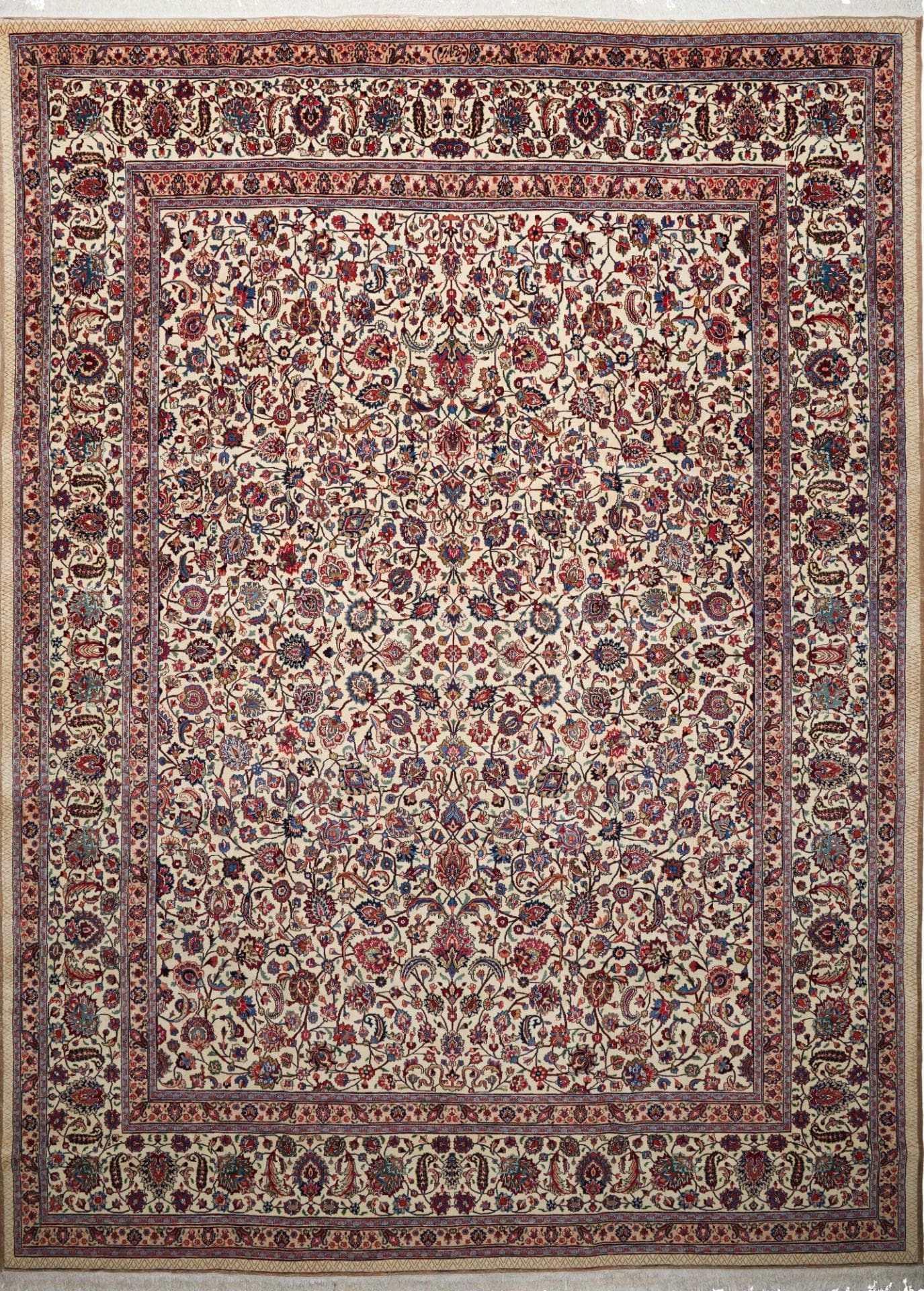 Mashad Teppich 303 x 403 cm, florales Muster, handgeknüpft, Perserteppich