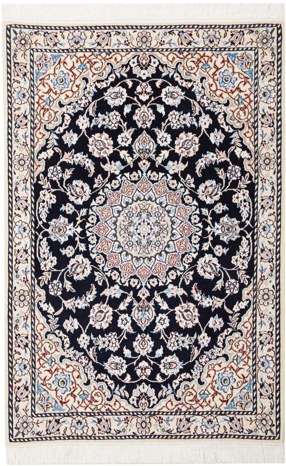 Nain Teppich 84 x 120 cm, florales Muster, Schurwolle, handgeknüpft