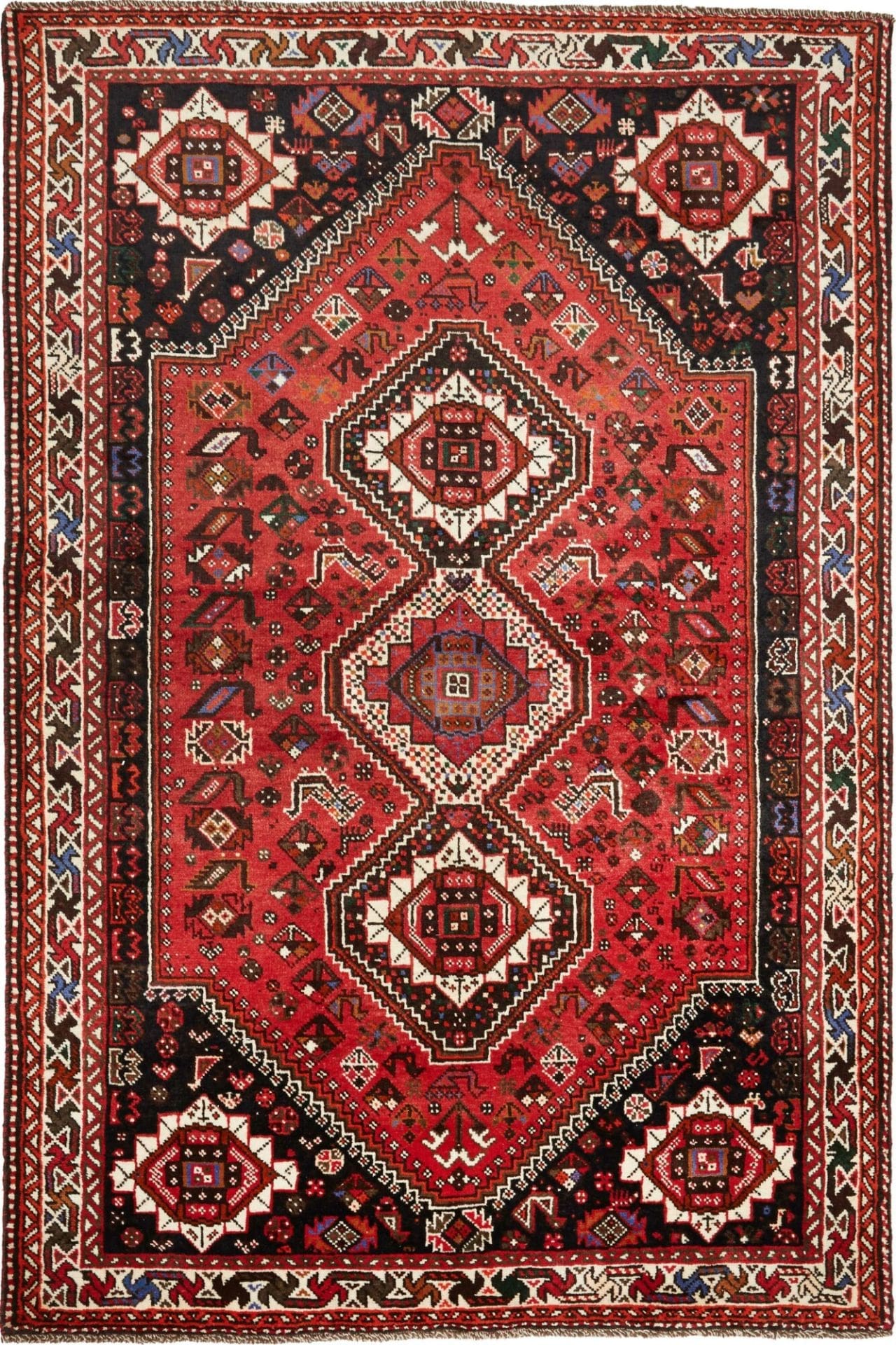 (Verkauft) Shiraz Teppich 175 x 262cm, geometrisches Muster, handgeknüpft