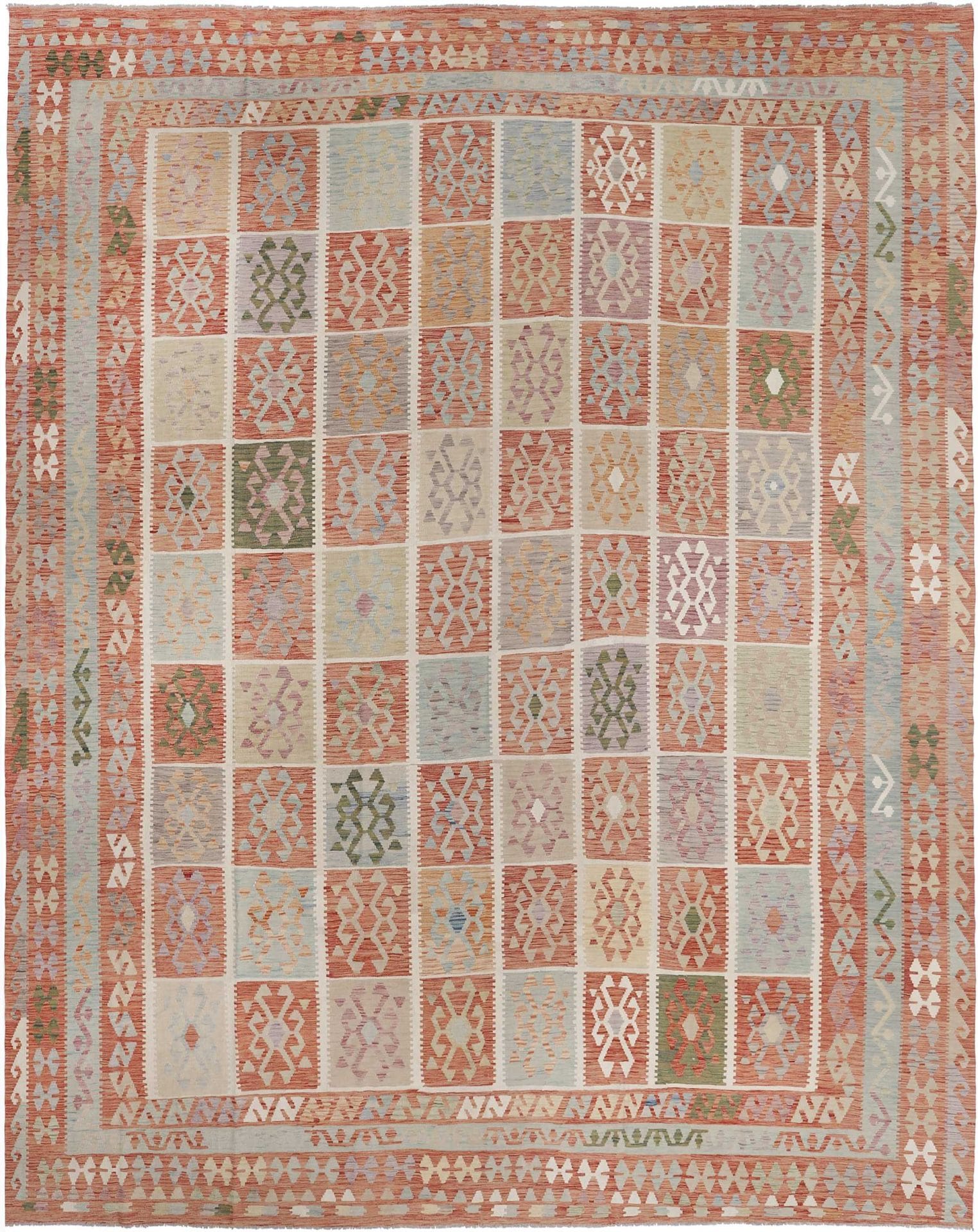 Kelim Teppich 407x496cm, handgewebt, rustikales Flair, Wolle