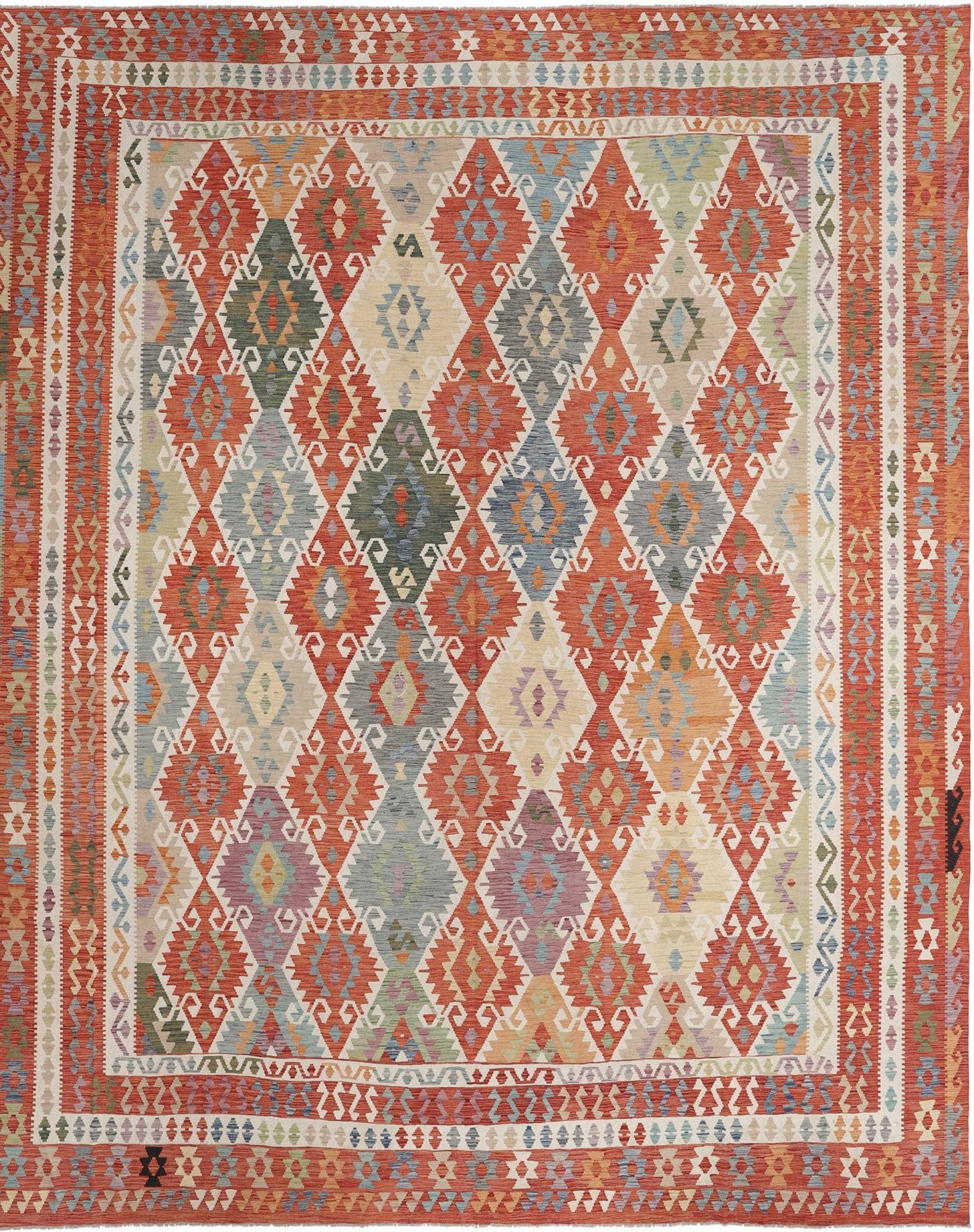 Kelim Teppich 418 x 497cm, handgewebt, rustikales Design