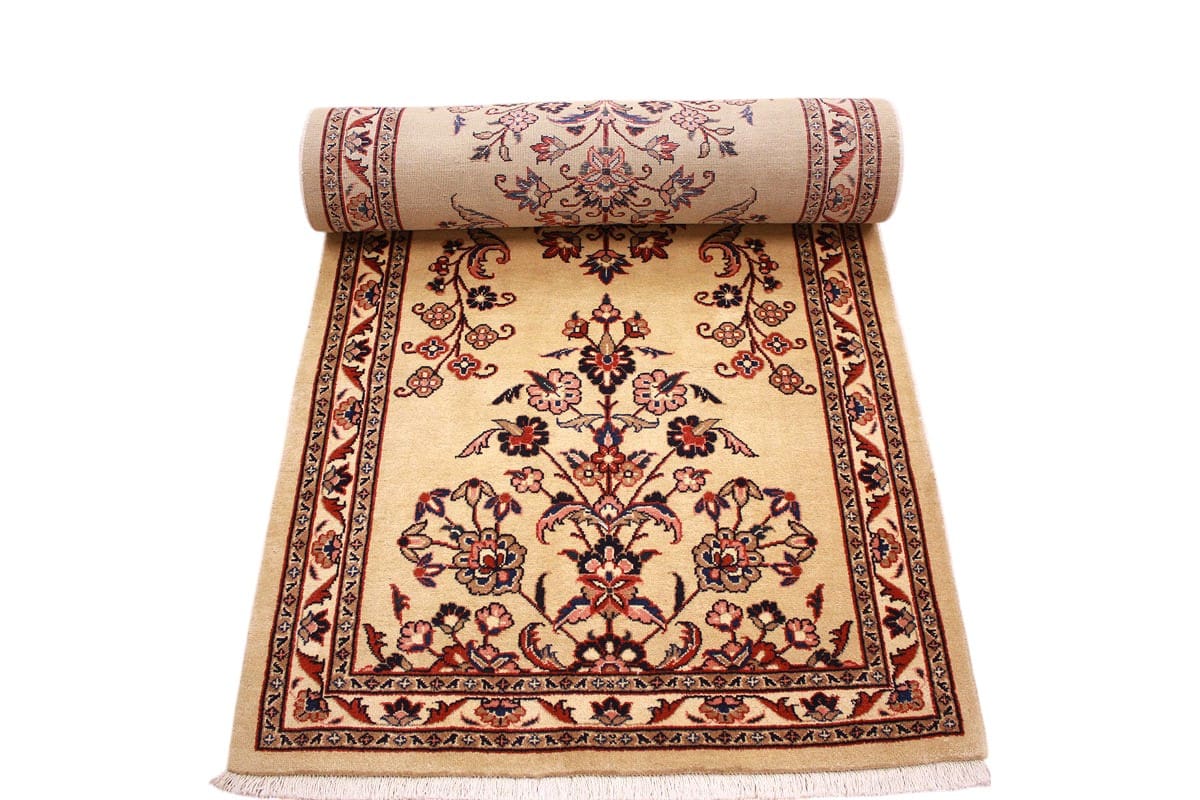 Perserteppich Sarough 396x89 cm Beige, Blumenmuster, handgeknüpft