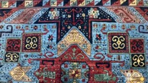 Blaues und oranges Wollperser-Teppich mit Qashqai-Muster 8 x 10