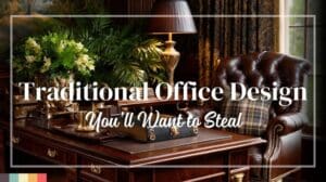 Traditionelle Home-Office-Designideen mit edlen Hölzern, Lederelementen und zeitlosen Details