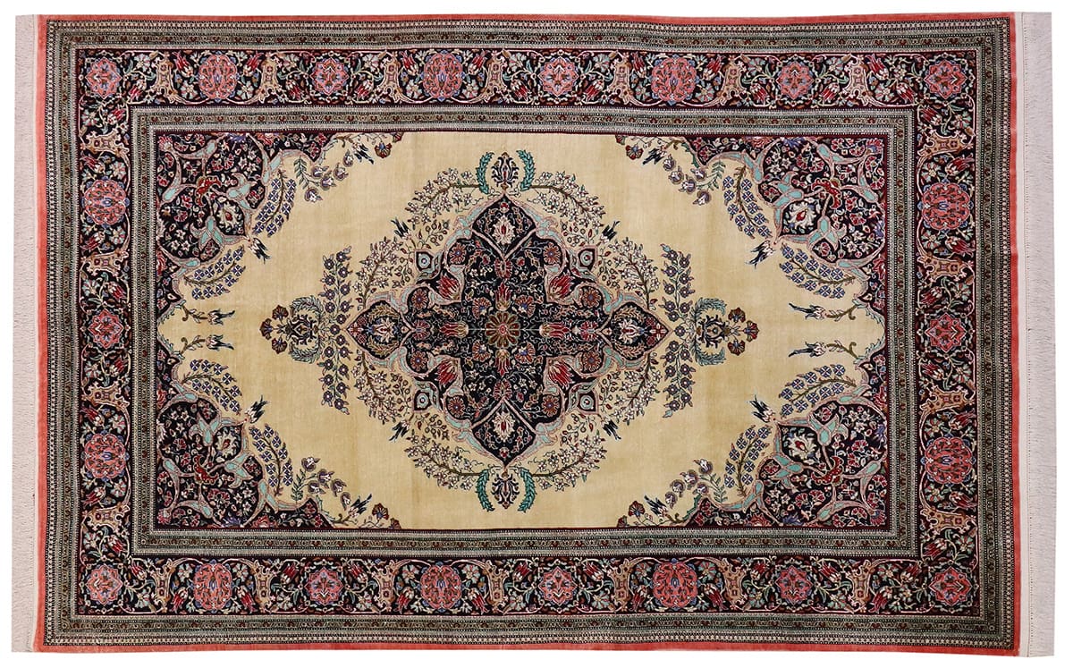 Antiker Seidenteppich Ghom 204x139 cm Gold, handgeknüpft, Perserteppich