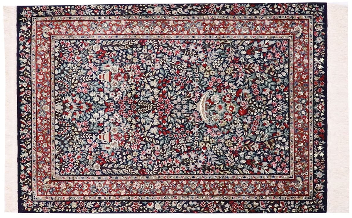 Blauer Seidenteppich Ghom 124x81 cm, Naturfarben - handgeknüpft