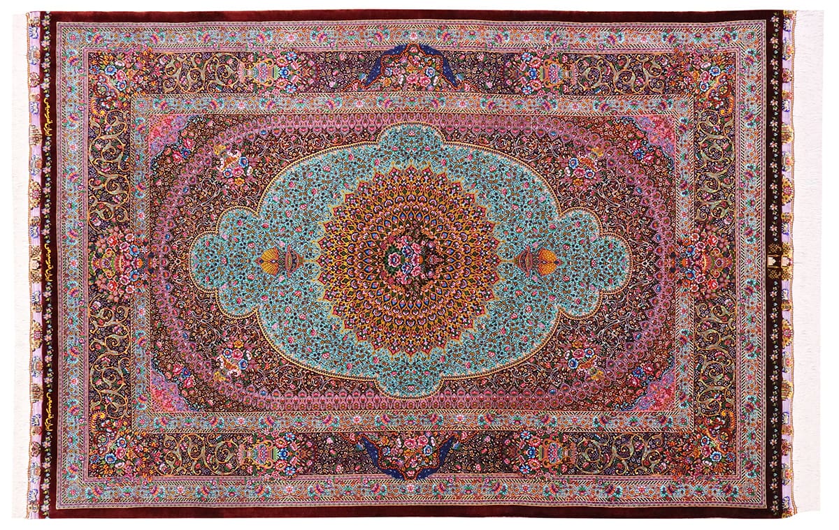 Exklusiver Perserteppich Ghom 205x139 cm Türkis, Seide, handgeknüpft