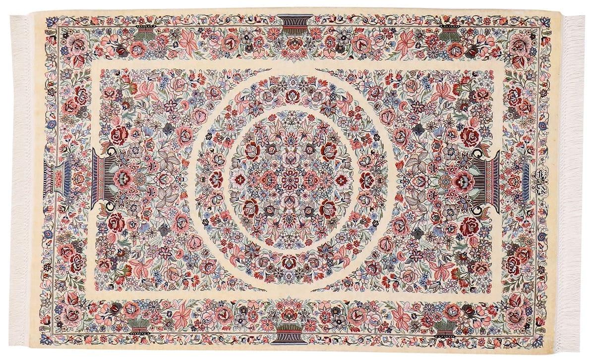 Exklusiver Seidenteppich Ghom 119x75 cm, Elfenbein, handgeknüpft