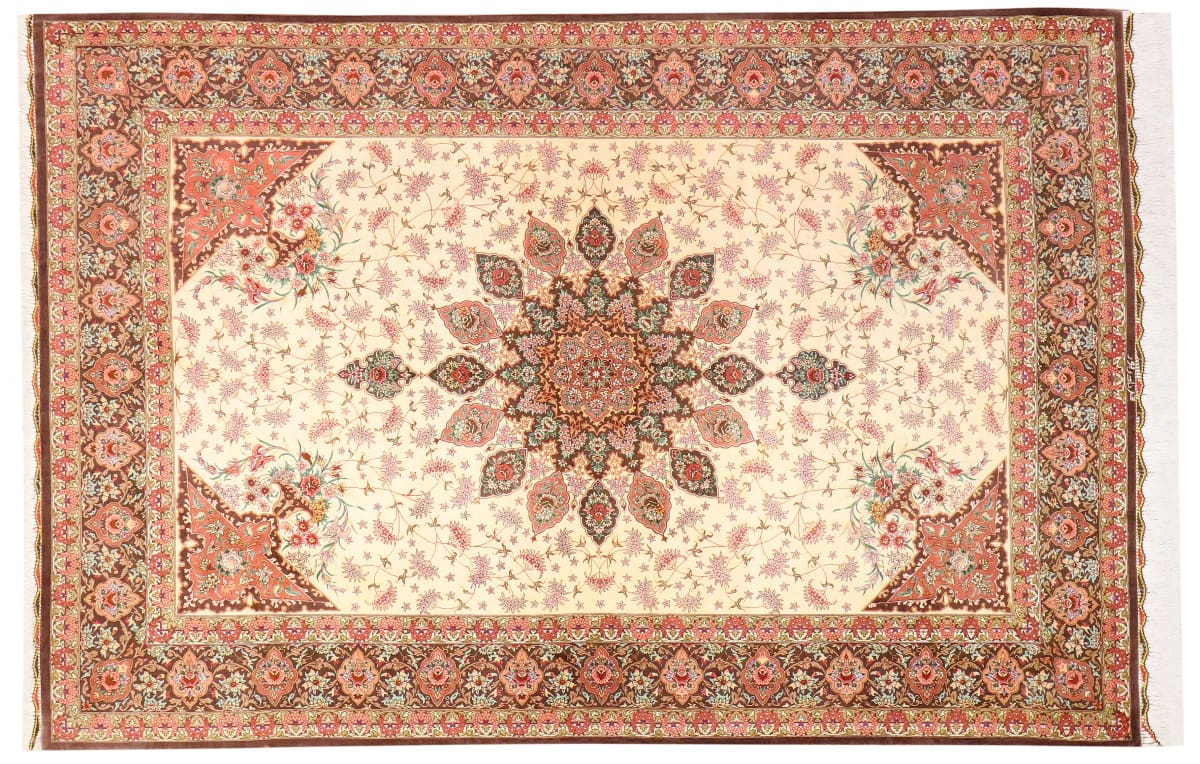 Exklusiver Seidenteppich Ghom Beige 207x139 cm, handgeknüpft 1 Mio Knoten/Qm