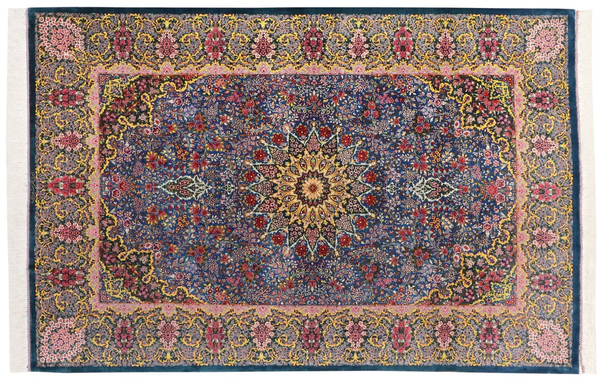 Exklusiver Seidenteppich Ghom Blau 202x136 cm, Naturfarben, handgeknüpft