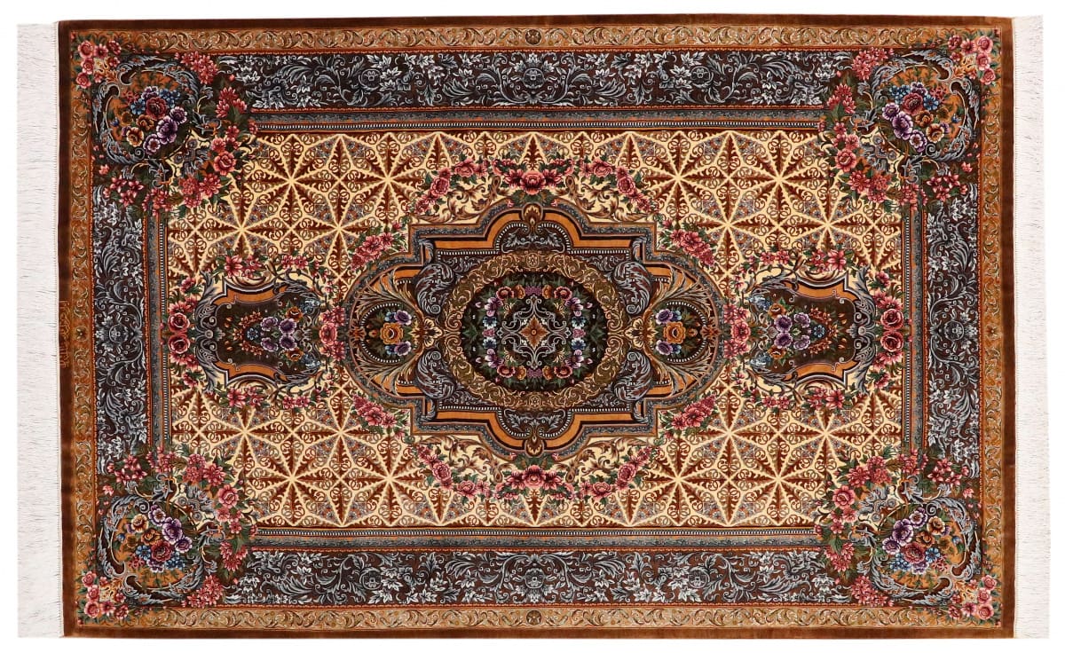Exklusiver Seidenteppich Ghom Braun 210x137 cm - handgeknüpft