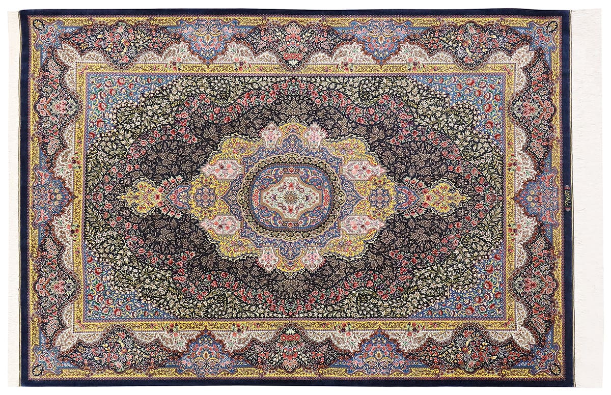 Exklusiver Seidenteppich Ghom Dunkelblau 199x139 cm handgeknüpft