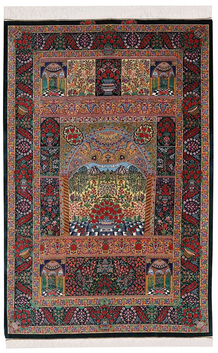 Exklusiver Seidenteppich Ghom Grün 202x134 cm – handgeknüpft